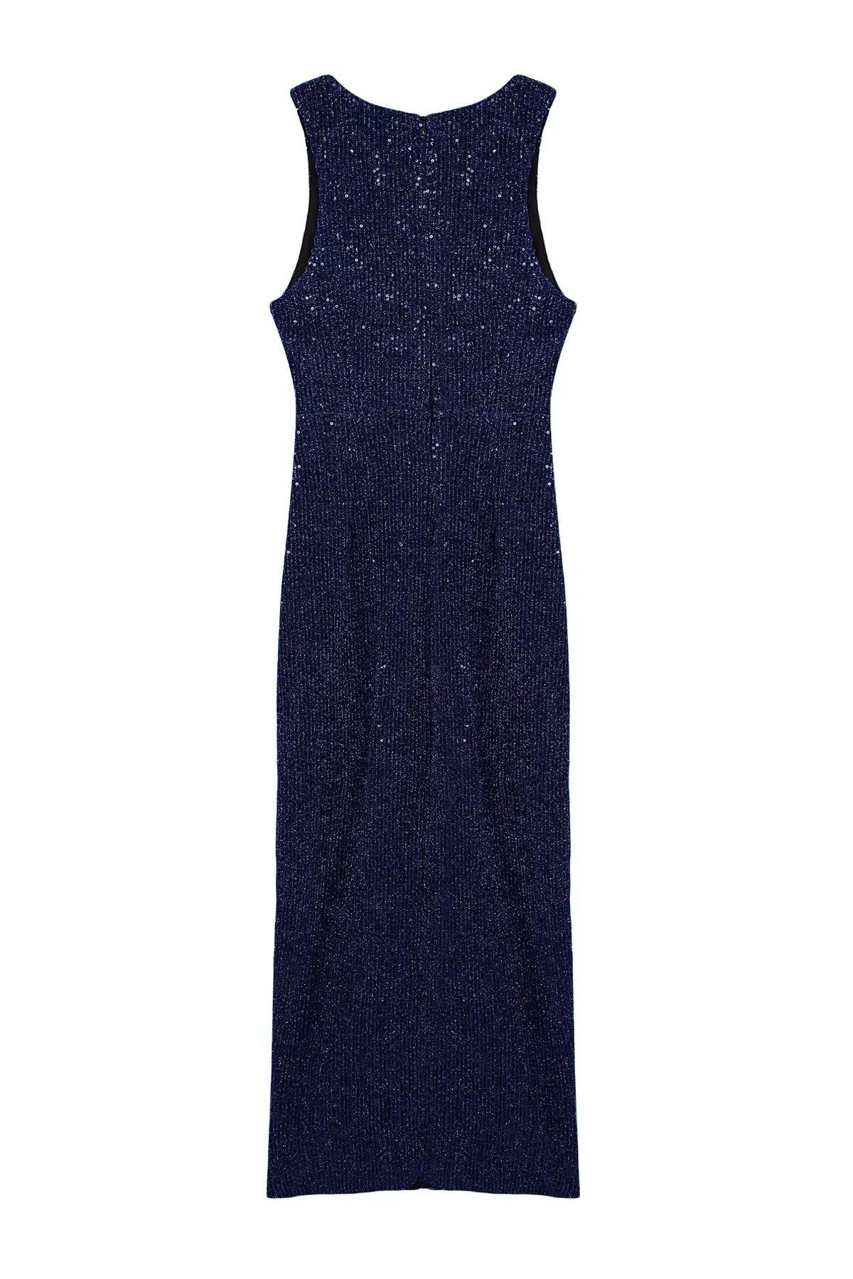 Navy Knitted Sequined Occasionwear Dress, , large image number 5