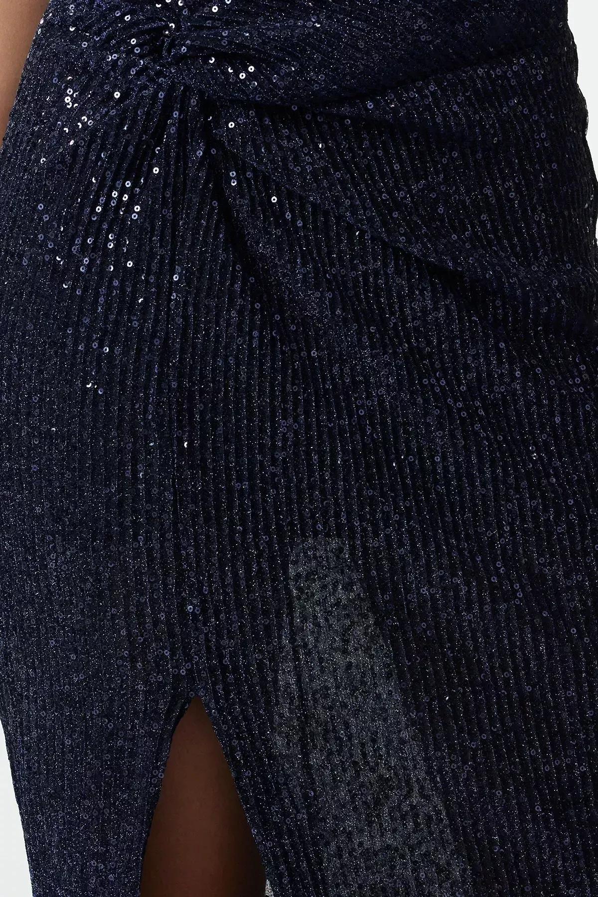 Navy Knitted Sequined Occasionwear Dress, Navy blue, medium