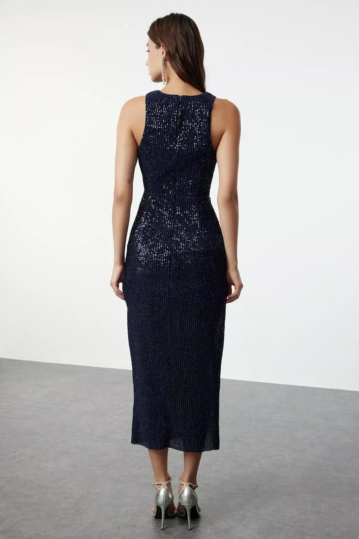 Navy Knitted Sequined Occasionwear Dress, Navy blue, medium