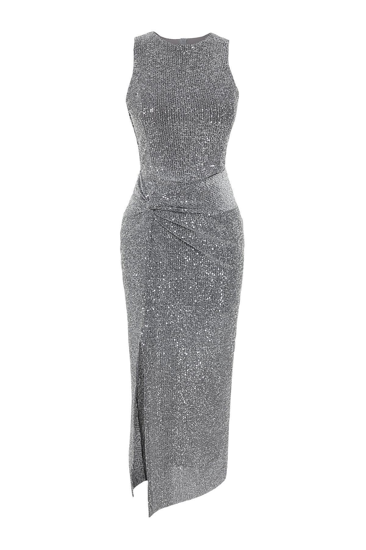 Silver Glittering Sequined Occasion Wear Dress, , large image number 5