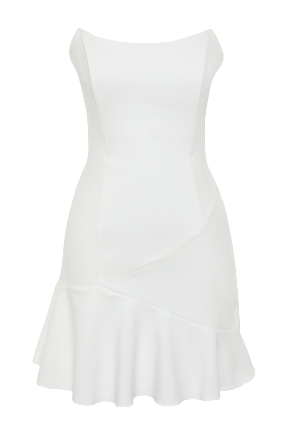 Trendyol - White Lined Flounce Elegant Occasion Wear Dress