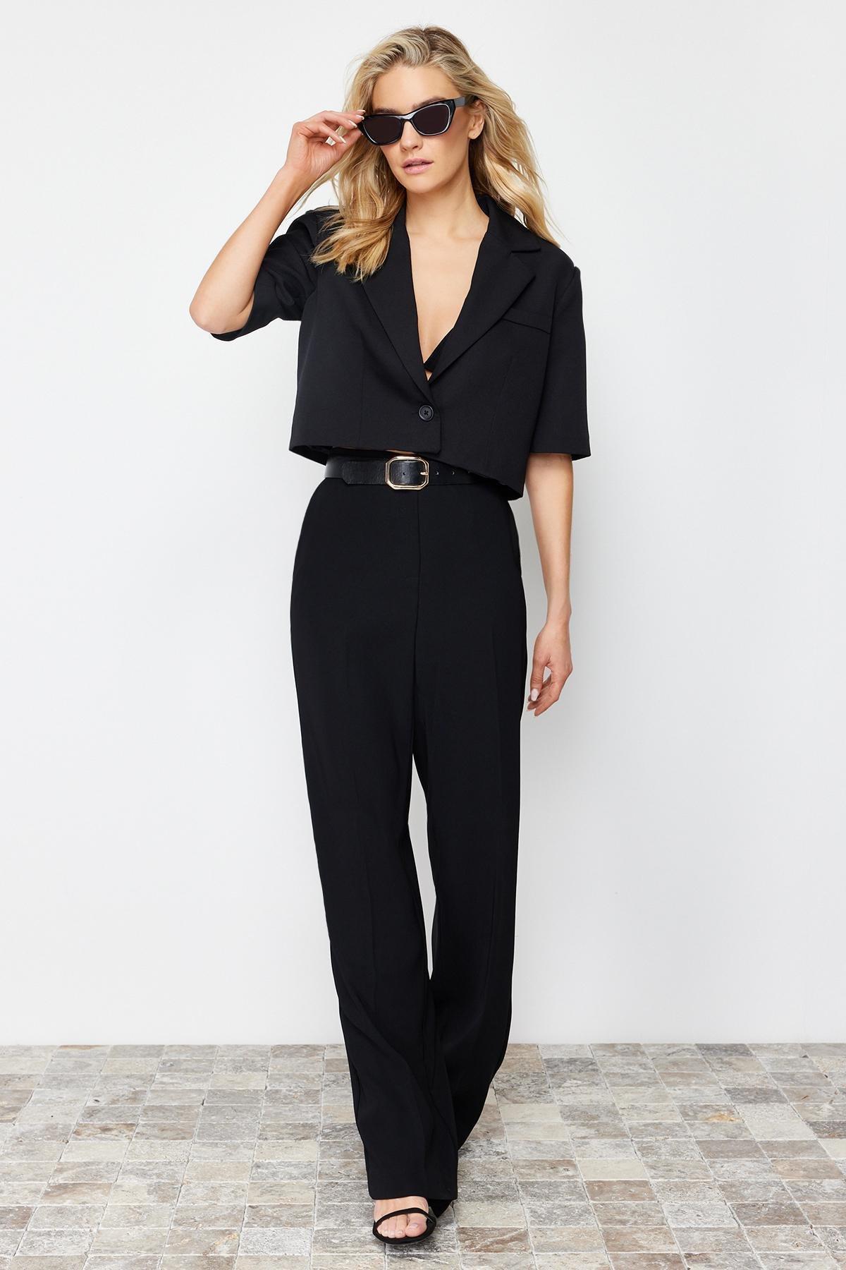 Black Crop Short Sleeve Blazer Jacket, , large image number 0