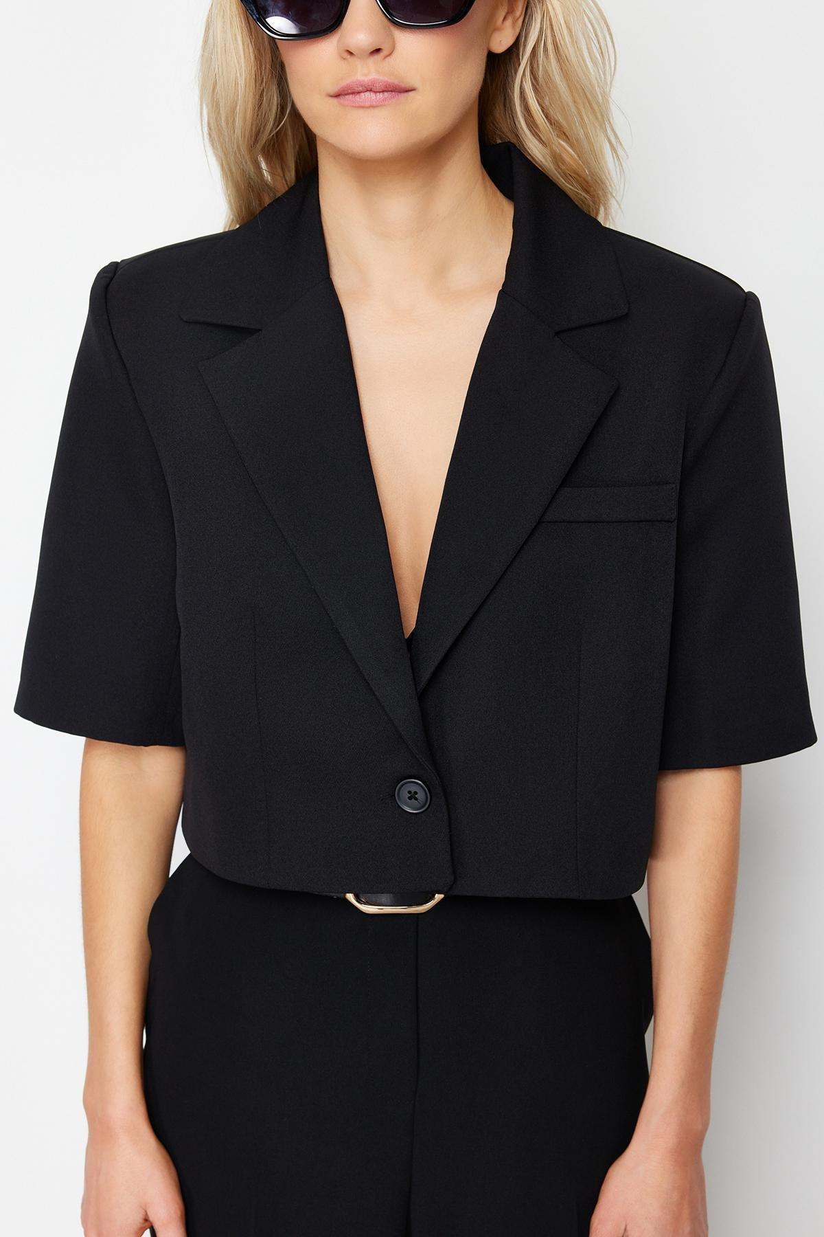 Black Crop Short Sleeve Blazer Jacket, , large image number 3