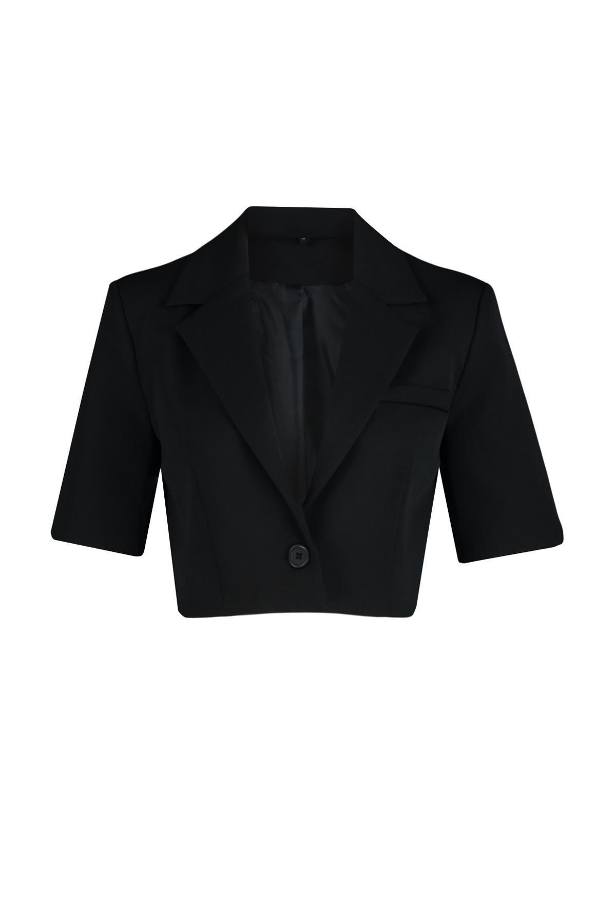 Black Crop Short Sleeve Blazer Jacket, , large image number 5