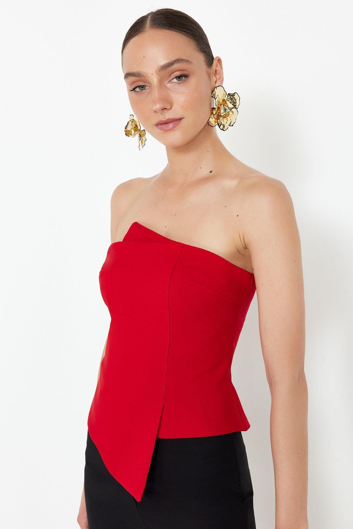 Red Body-Sitting Woven Bustier, , large image number 2
