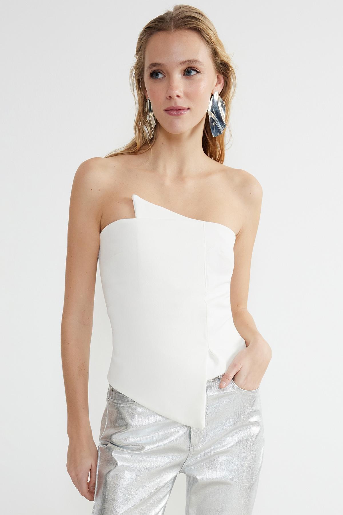 White Woven Body Fitted Bustier, , large image number 2