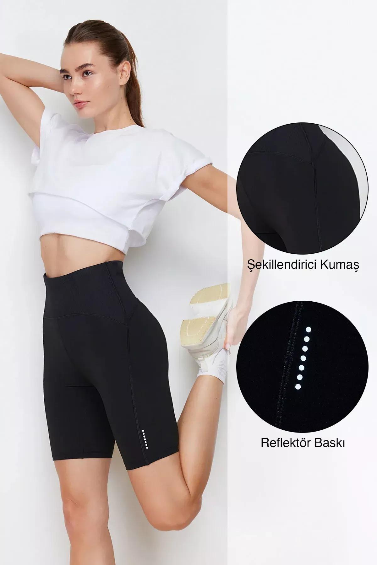 Black Gathering Ribbed Print Short Tights, BLACK, medium