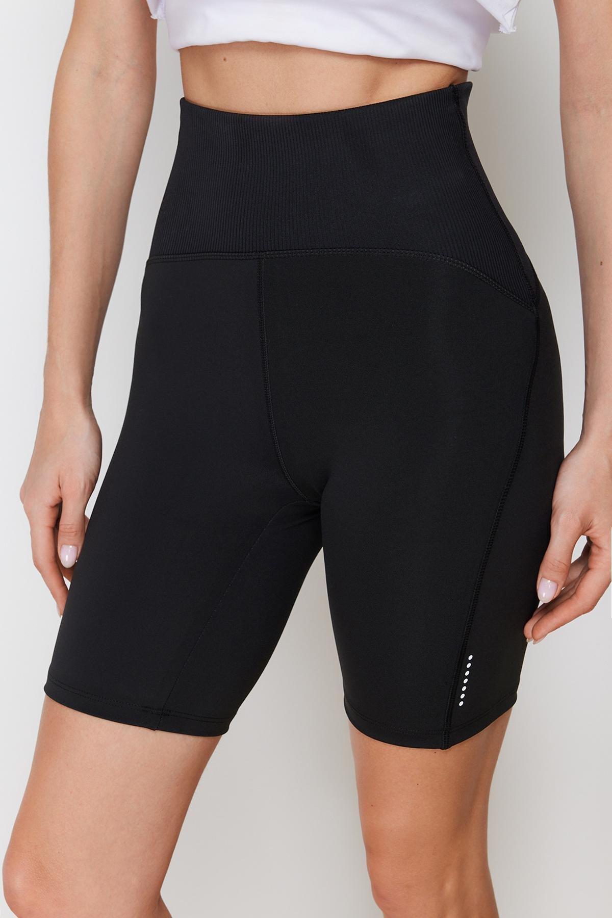 Black Gathering Ribbed Print Short Tights, , large image number 1