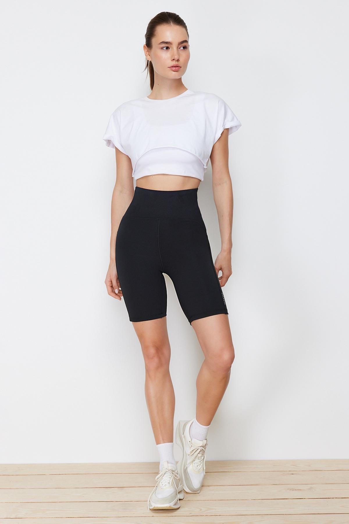 Black Gathering Ribbed Print Short Tights, , large image number 2