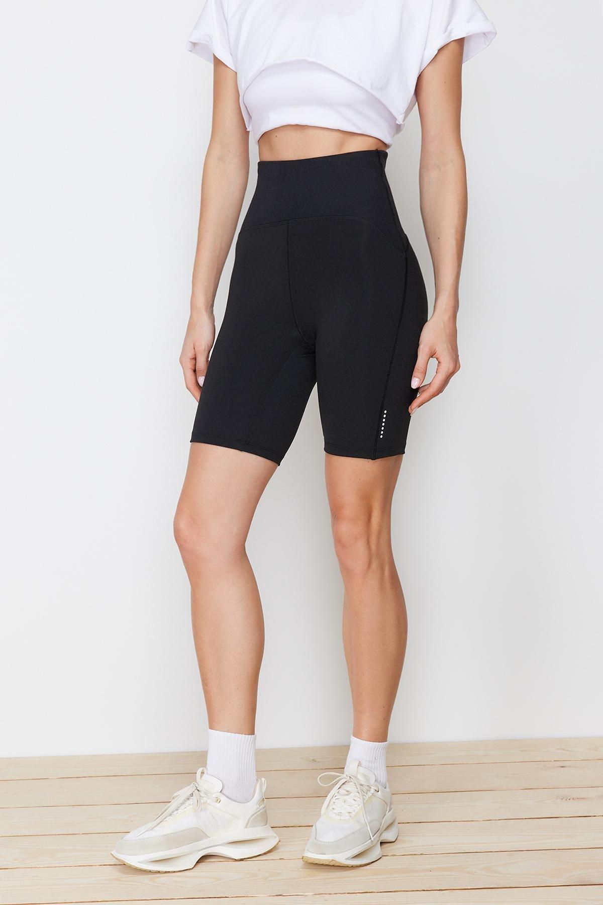 Black Gathering Ribbed Print Short Tights, , large image number 3