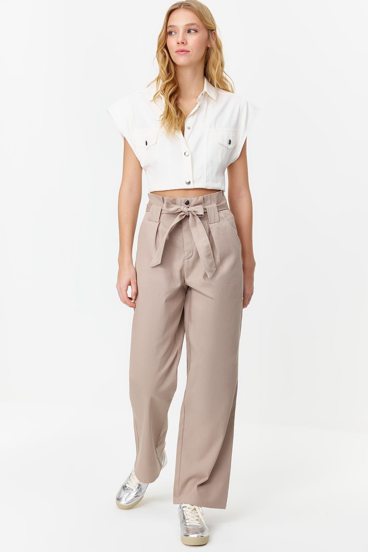 Beige Patterned Belted Woven Trousers, , large image number 0