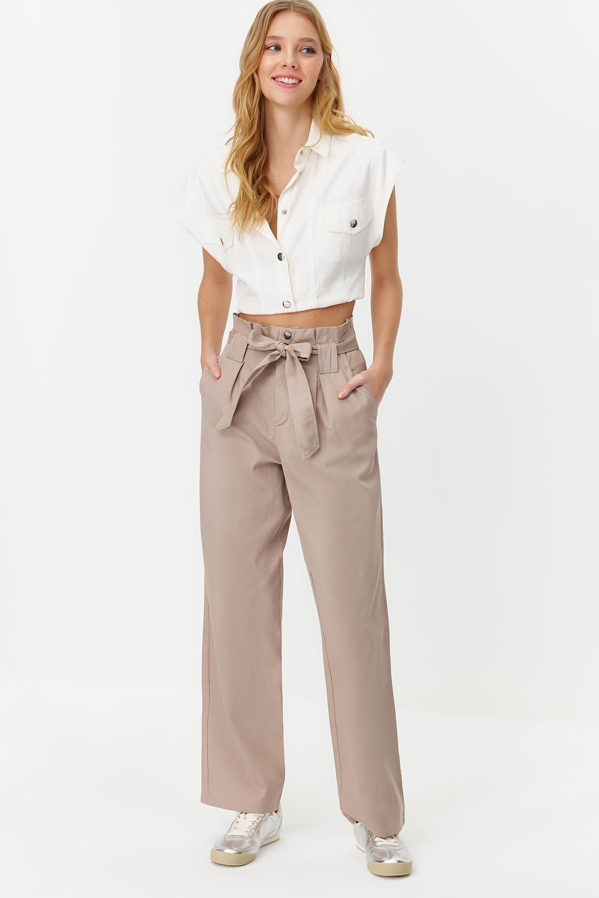Beige Patterned Belted Woven Trousers, , large image number 1