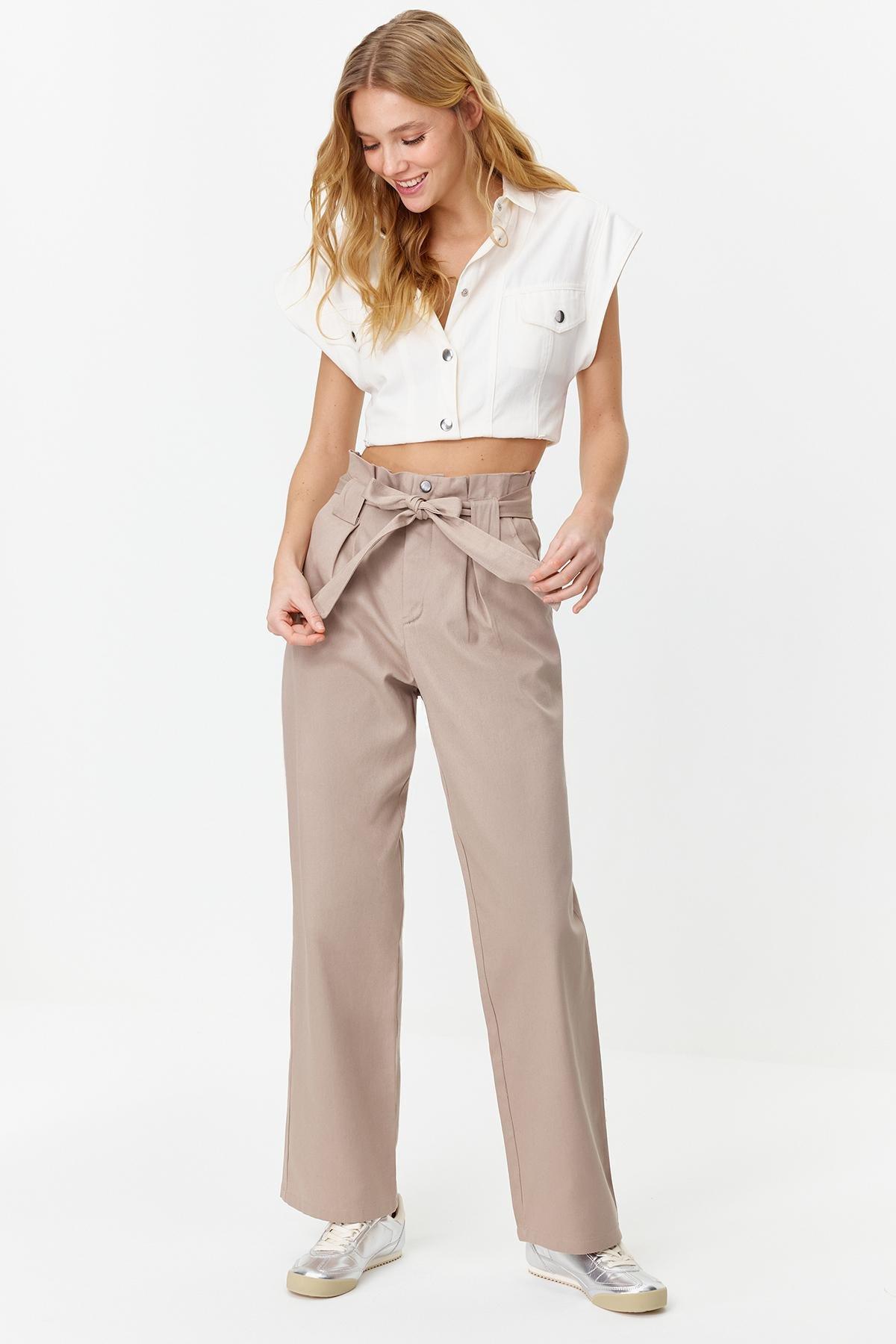 Beige Patterned Belted Woven Trousers, , large image number 2