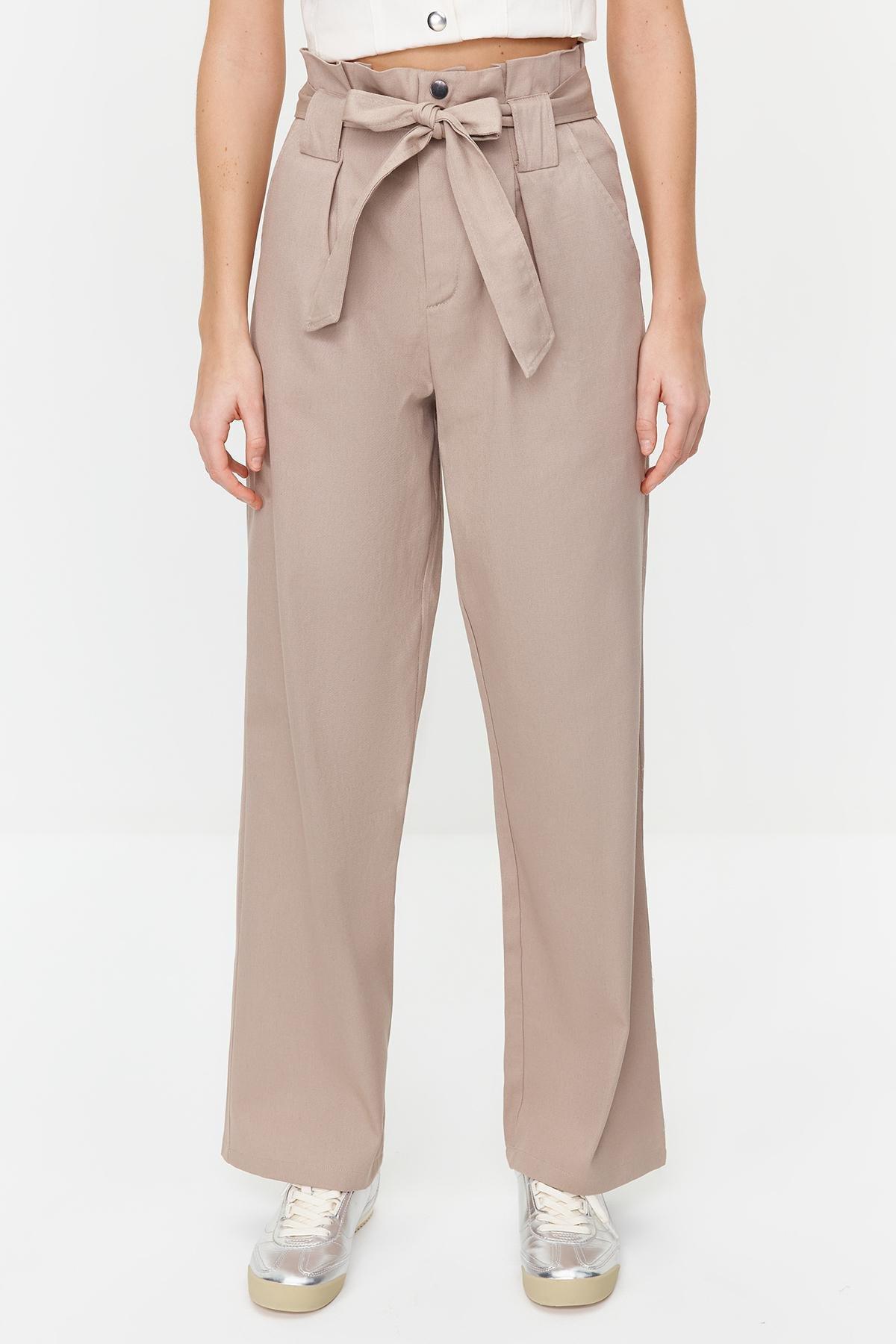 Beige Patterned Belted Woven Trousers, , large image number 3