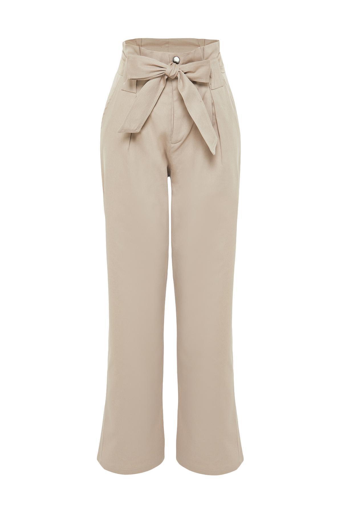 Beige Patterned Belted Woven Trousers, , large image number 5