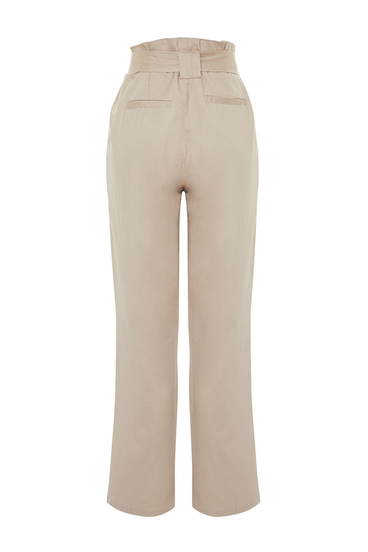 Beige Patterned Belted Woven Trousers, , large image number 6