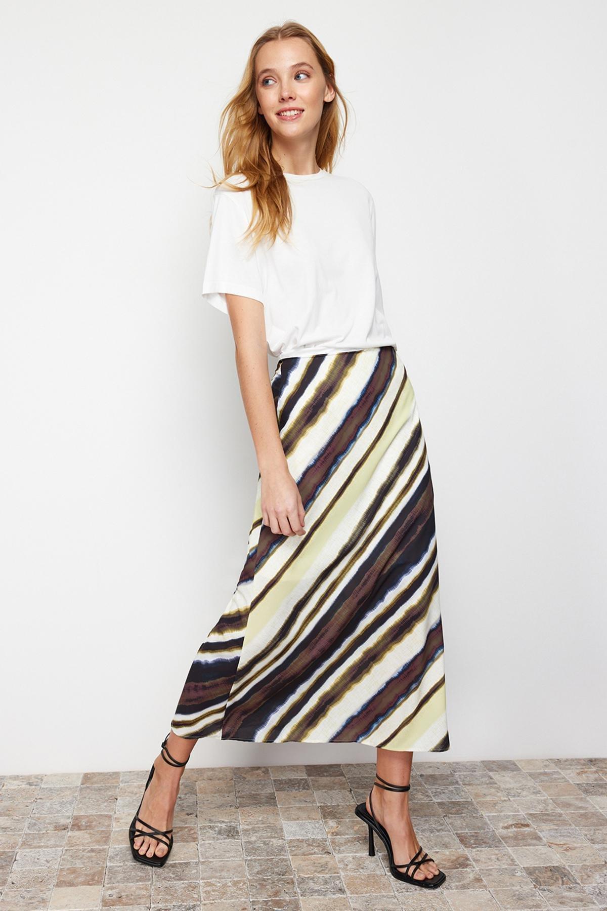 Multicolour Satin Patterned Midi Skirt, , large image number 1