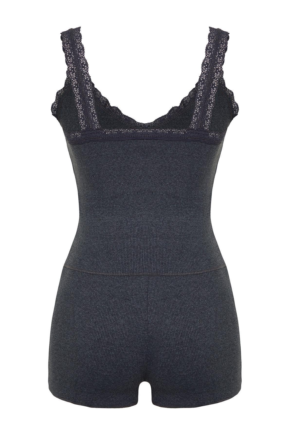 Grey Lace Detailed Ribbed Knitted Pajamas Set, , large image number 7