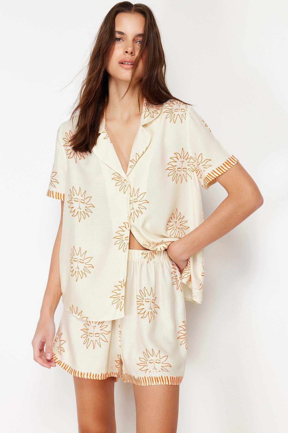 Ecru Patterned Woven Pajamas Set, , large image number 0