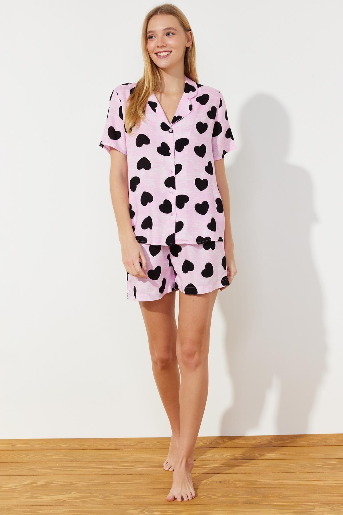 Pink Heart Viscose Woven Pajamas Set, Pink, large image number 1