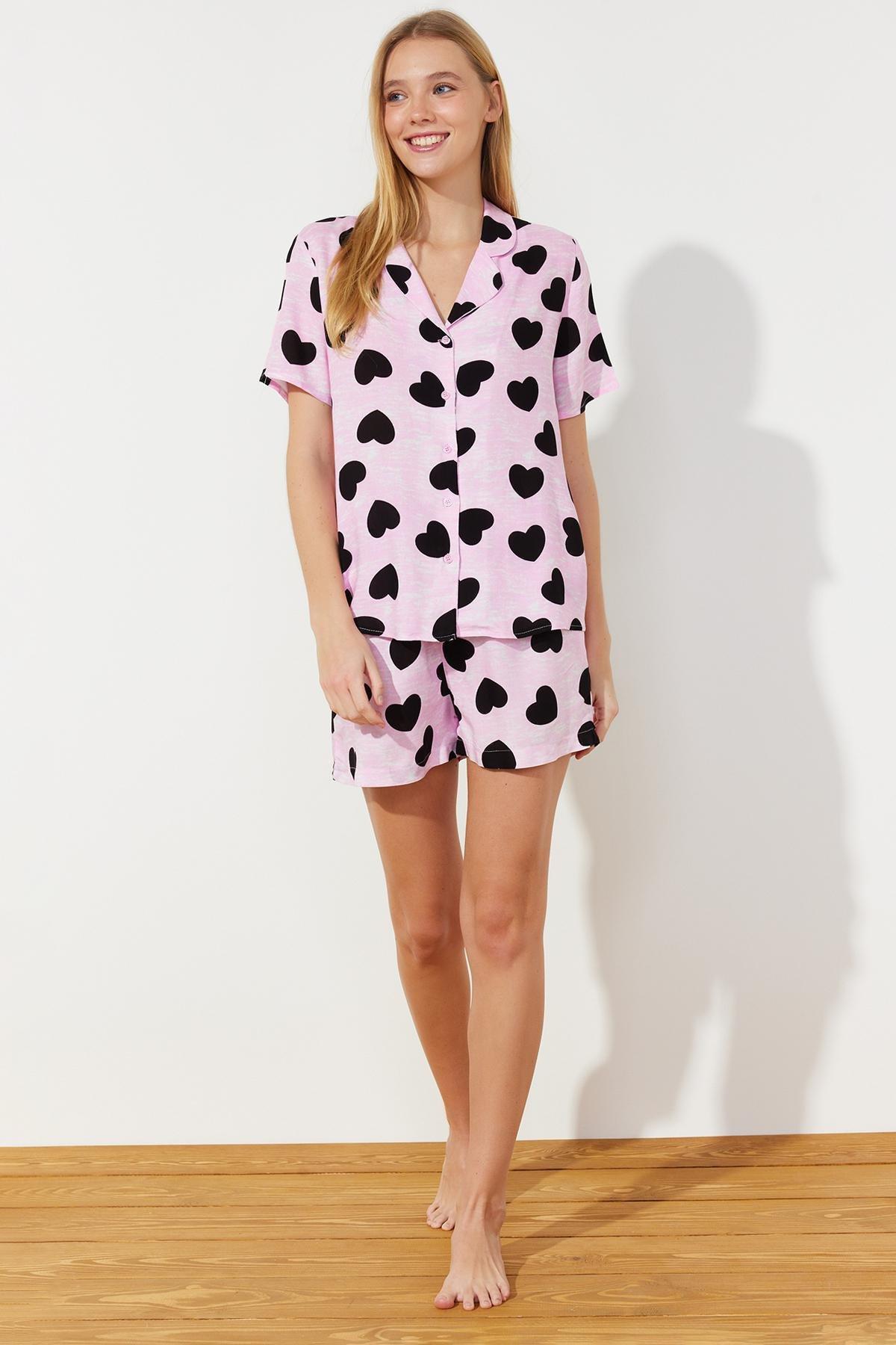 Trendyol - Pink Heart Viscose Woven Pajamas Set