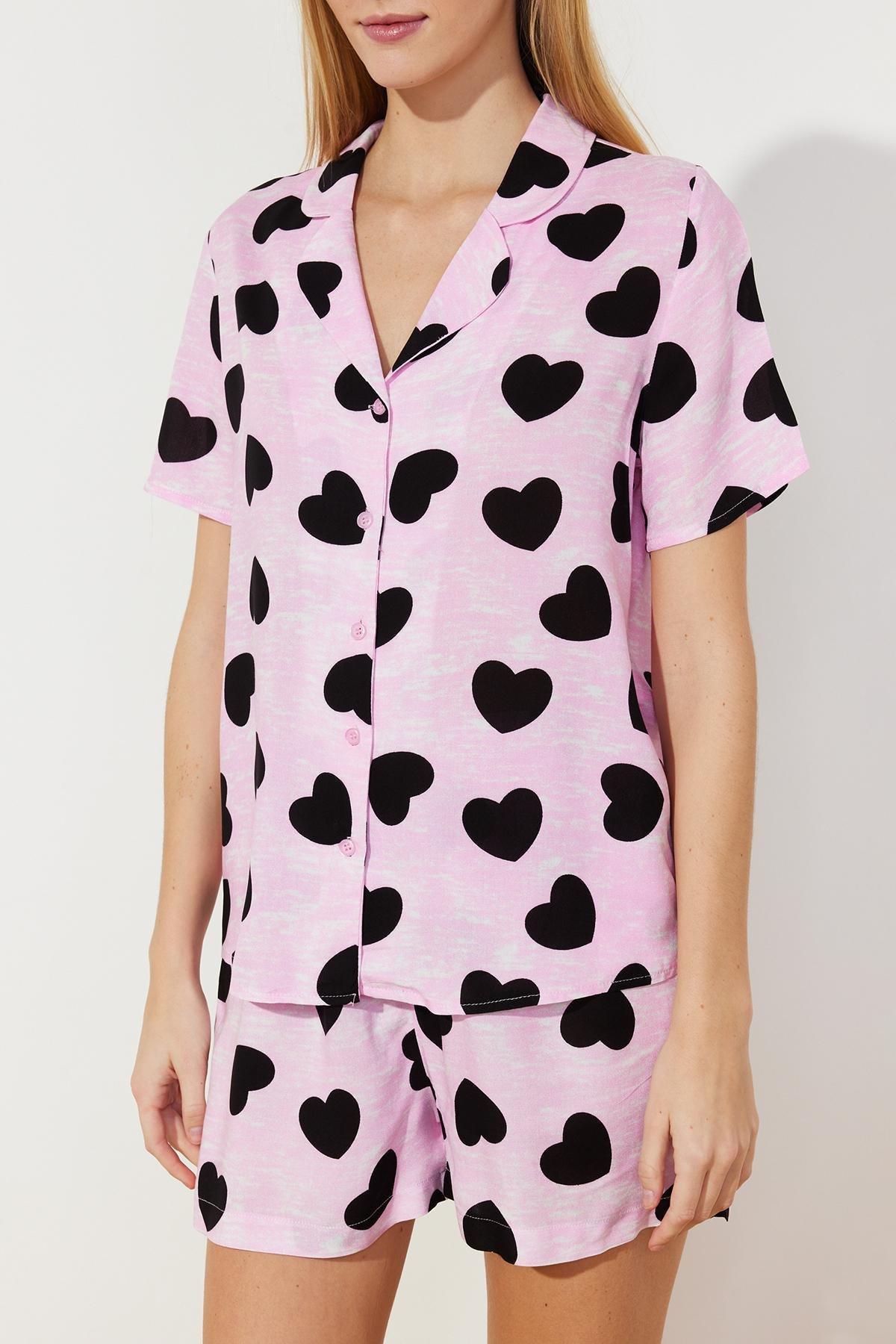 Trendyol - Pink Heart Viscose Woven Pajamas Set