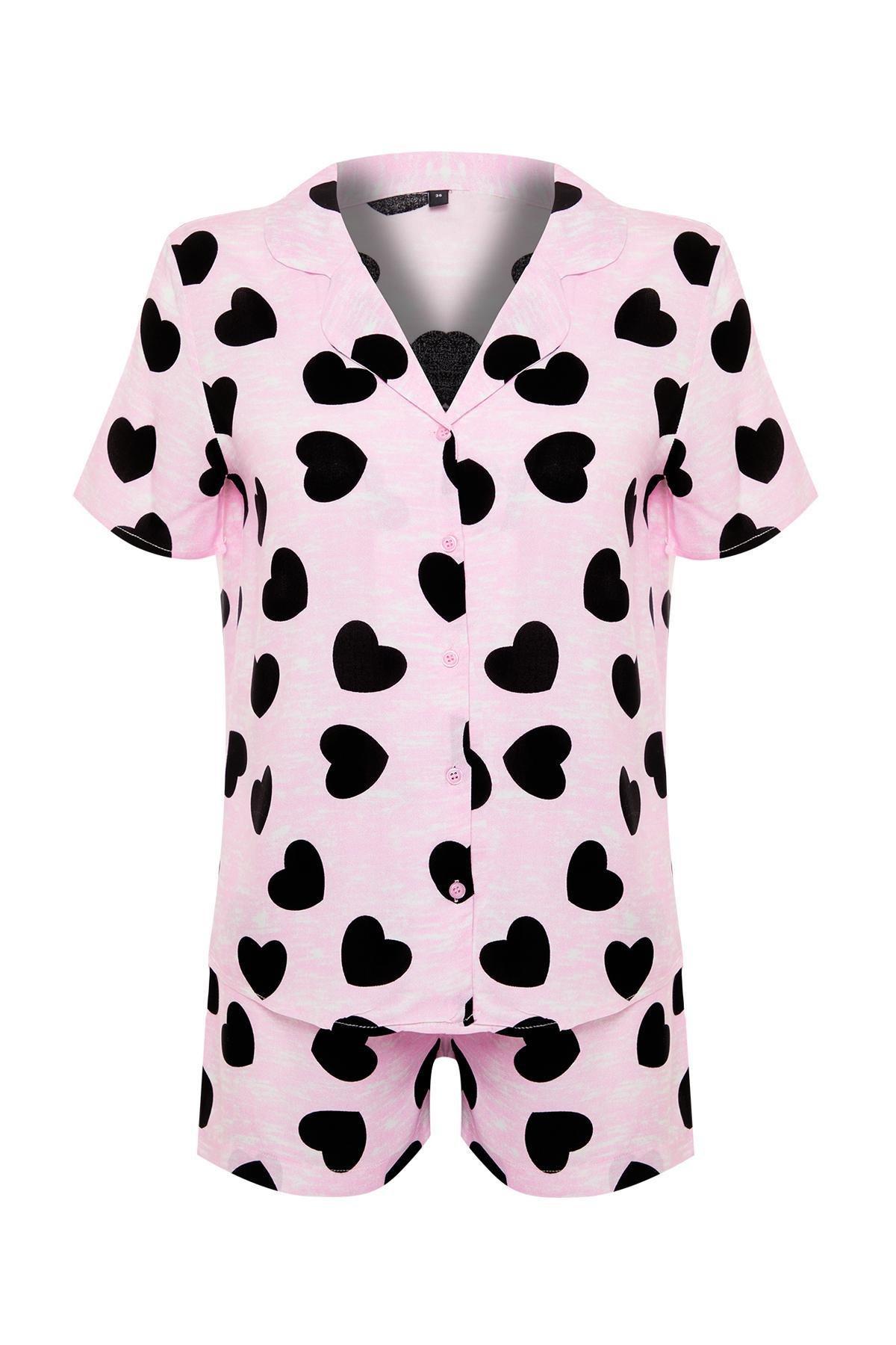 Pink Heart Viscose Woven Pajamas Set, Pink, large image number 5