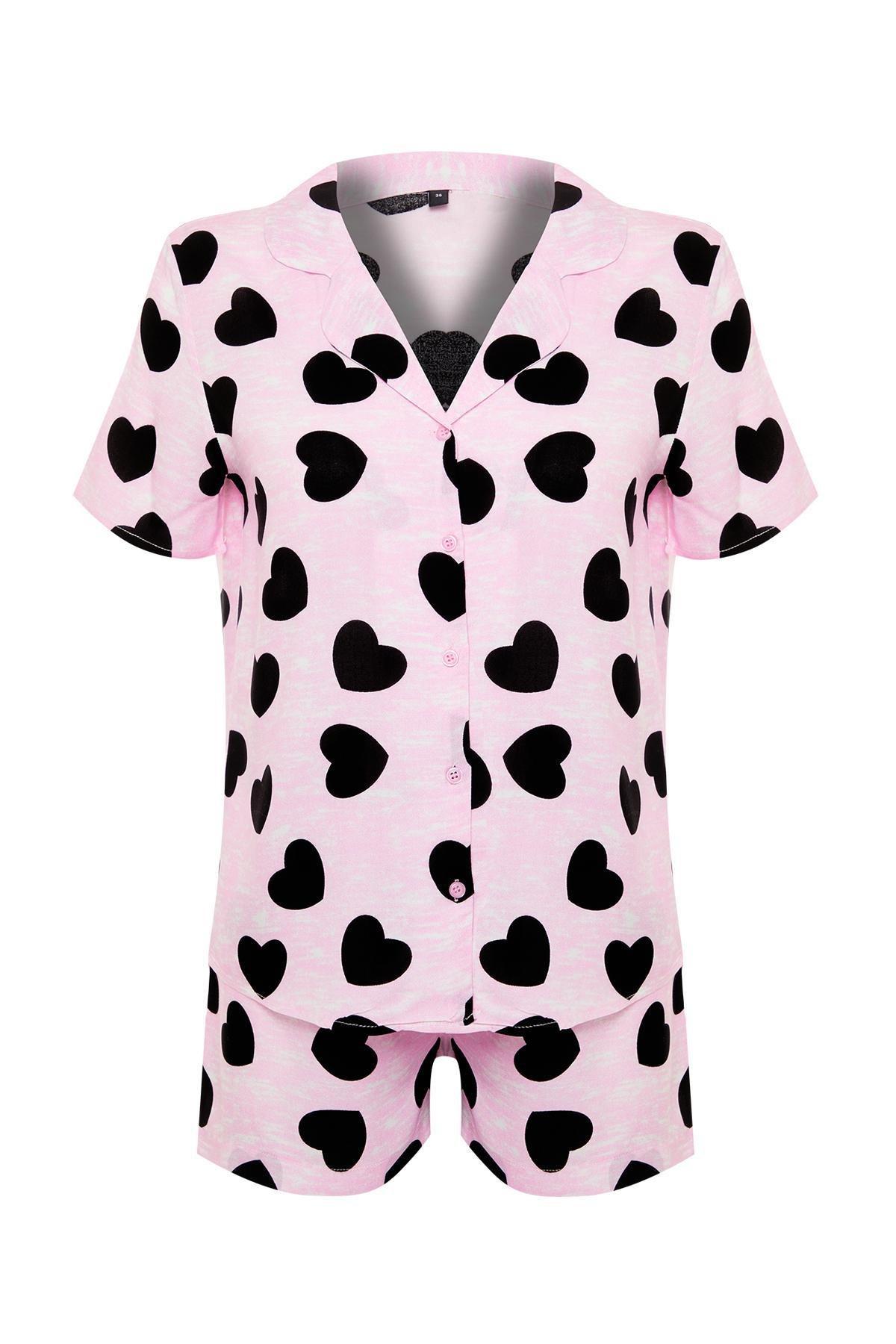 Trendyol - Pink Heart Viscose Woven Pajamas Set