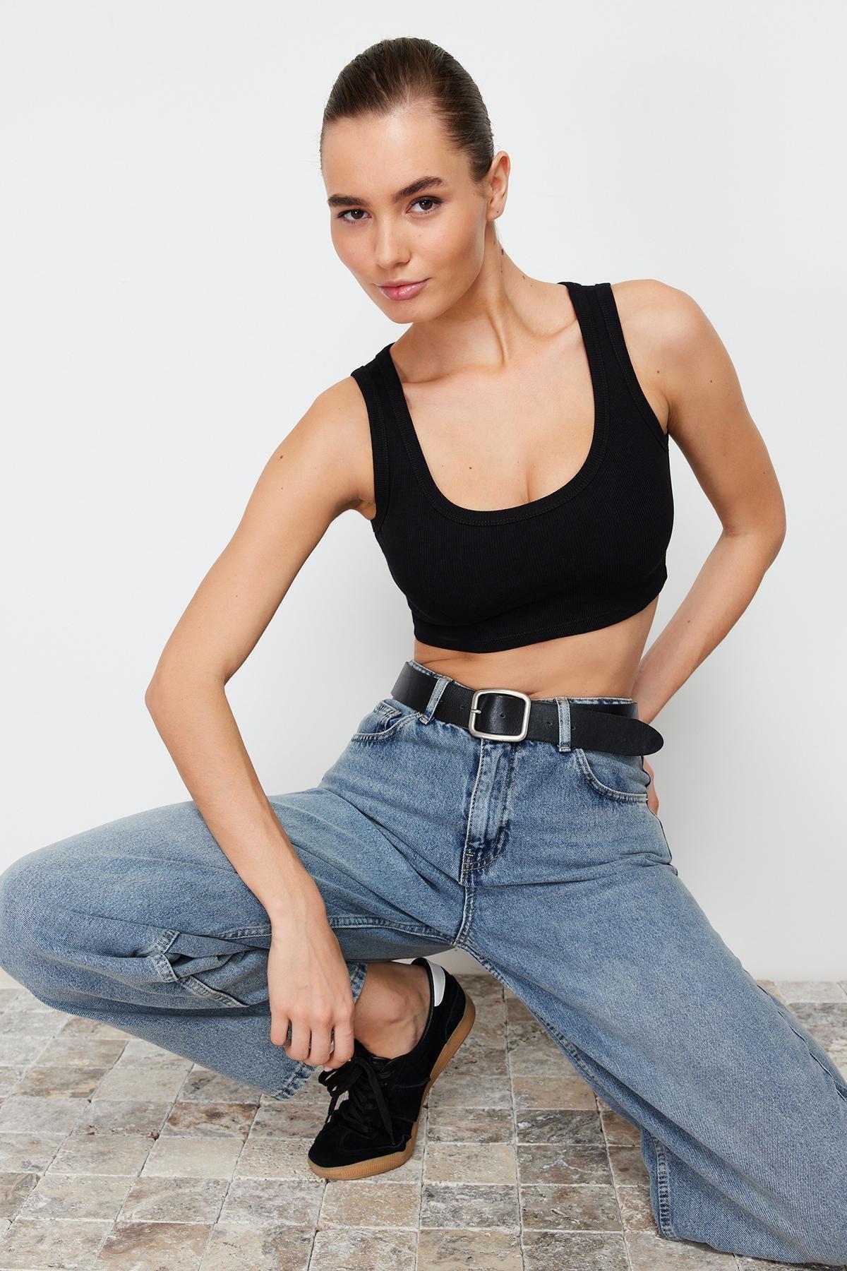 Black Strap Crop Ribbed Undershirt, , large image number 1