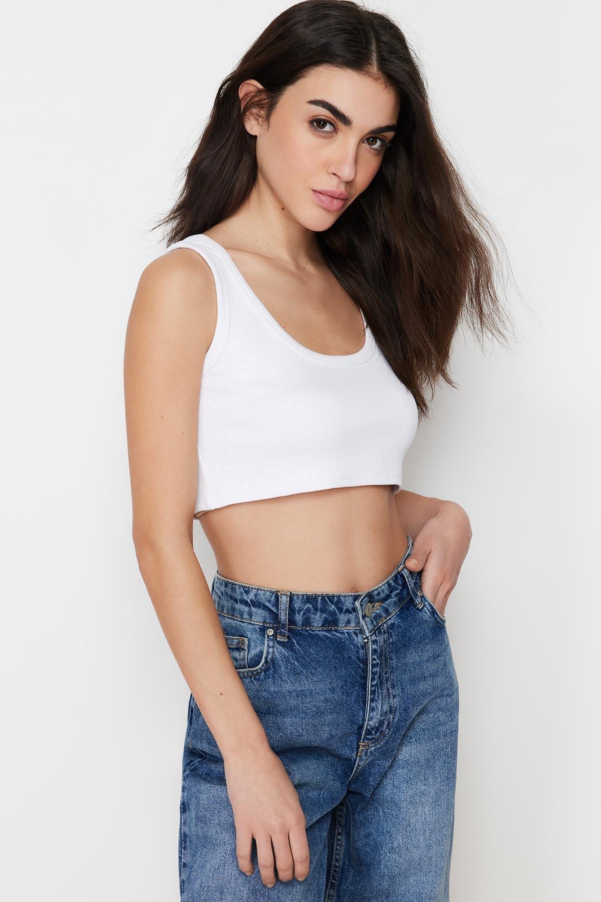 White Strap Crop Ribbed Knitted Undershirt, , large image number 0