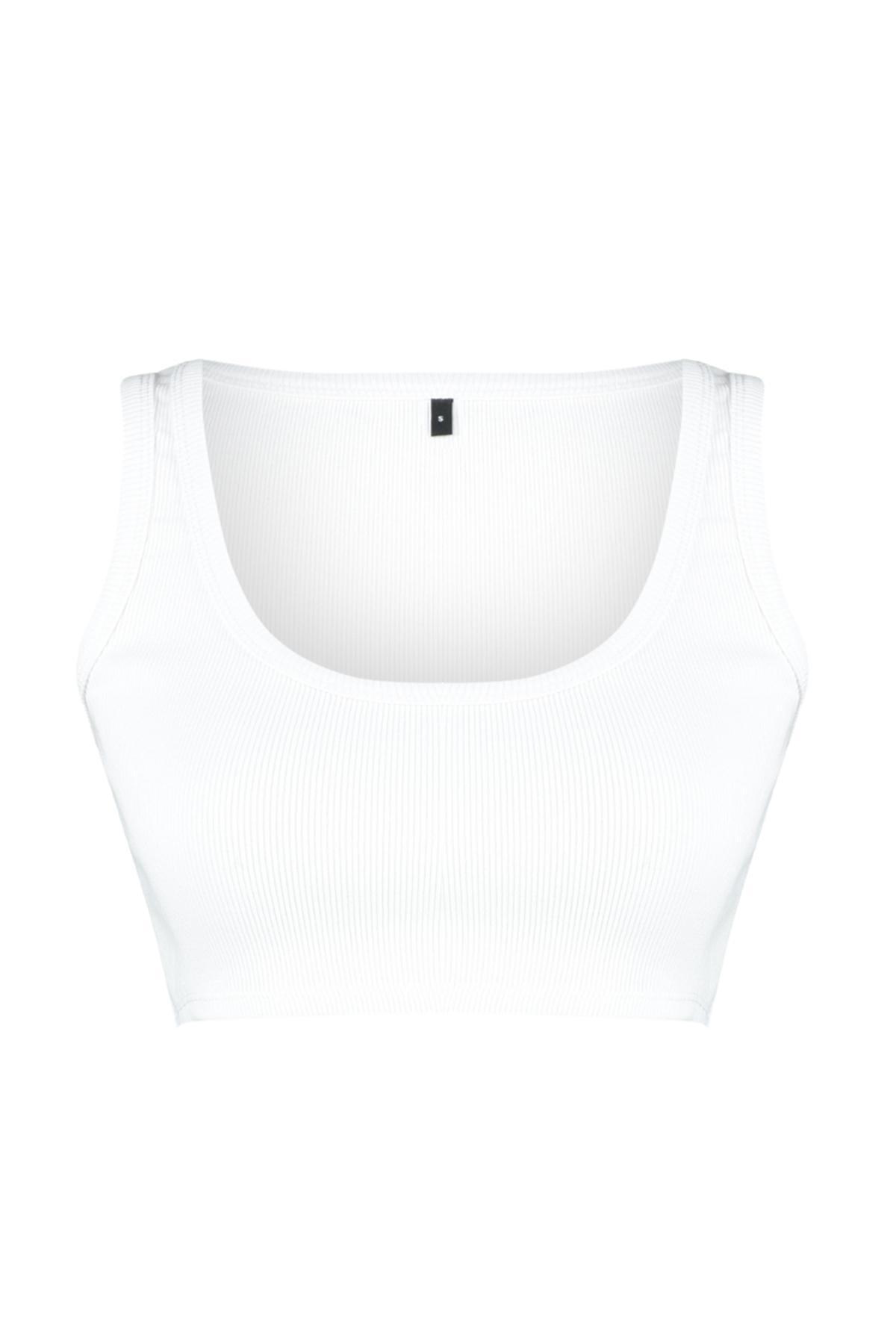 White Strap Crop Ribbed Knitted Undershirt, , large image number 5