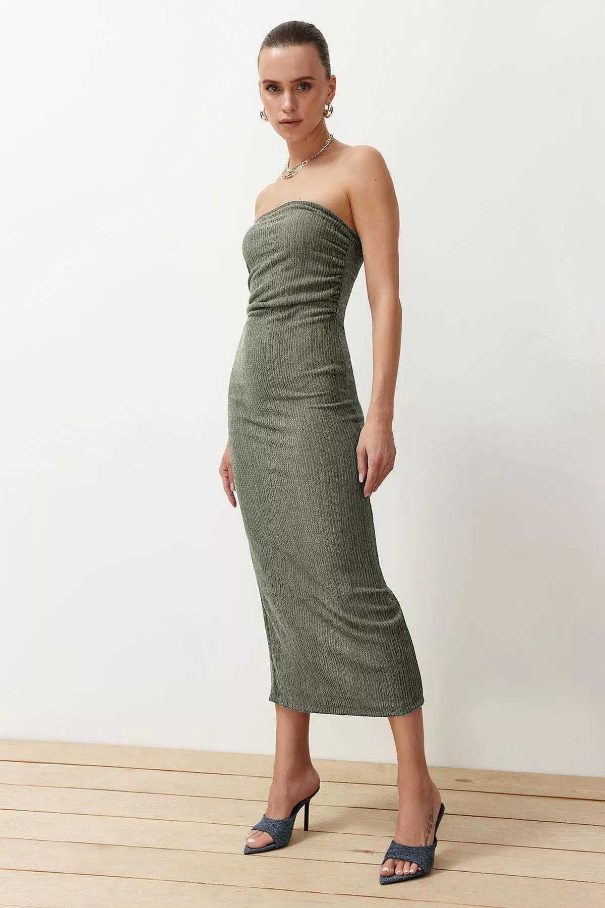 Khaki Strapless Bodycon Midi Pencil Dress, , large image number 0
