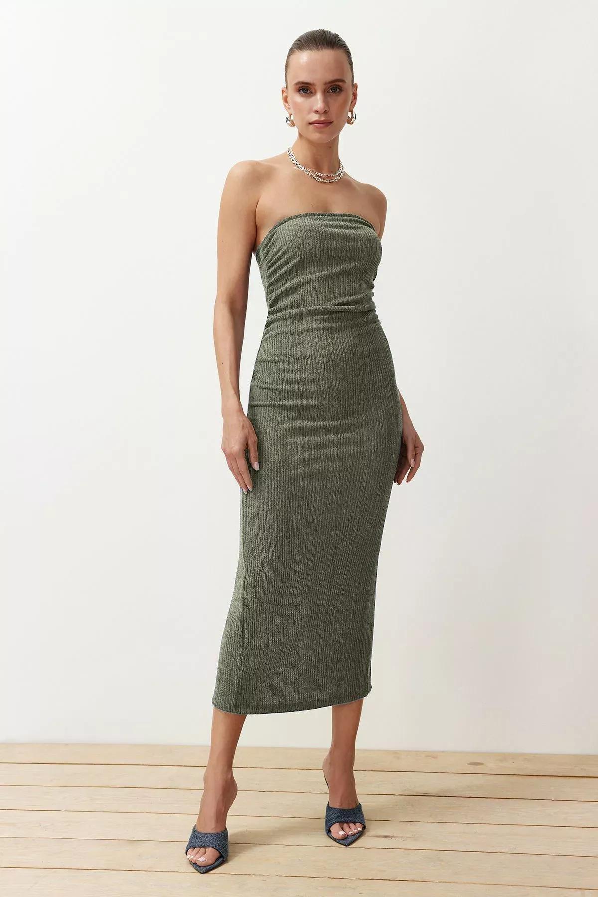 Khaki Strapless Bodycon Midi Pencil Dress, , large image number 1