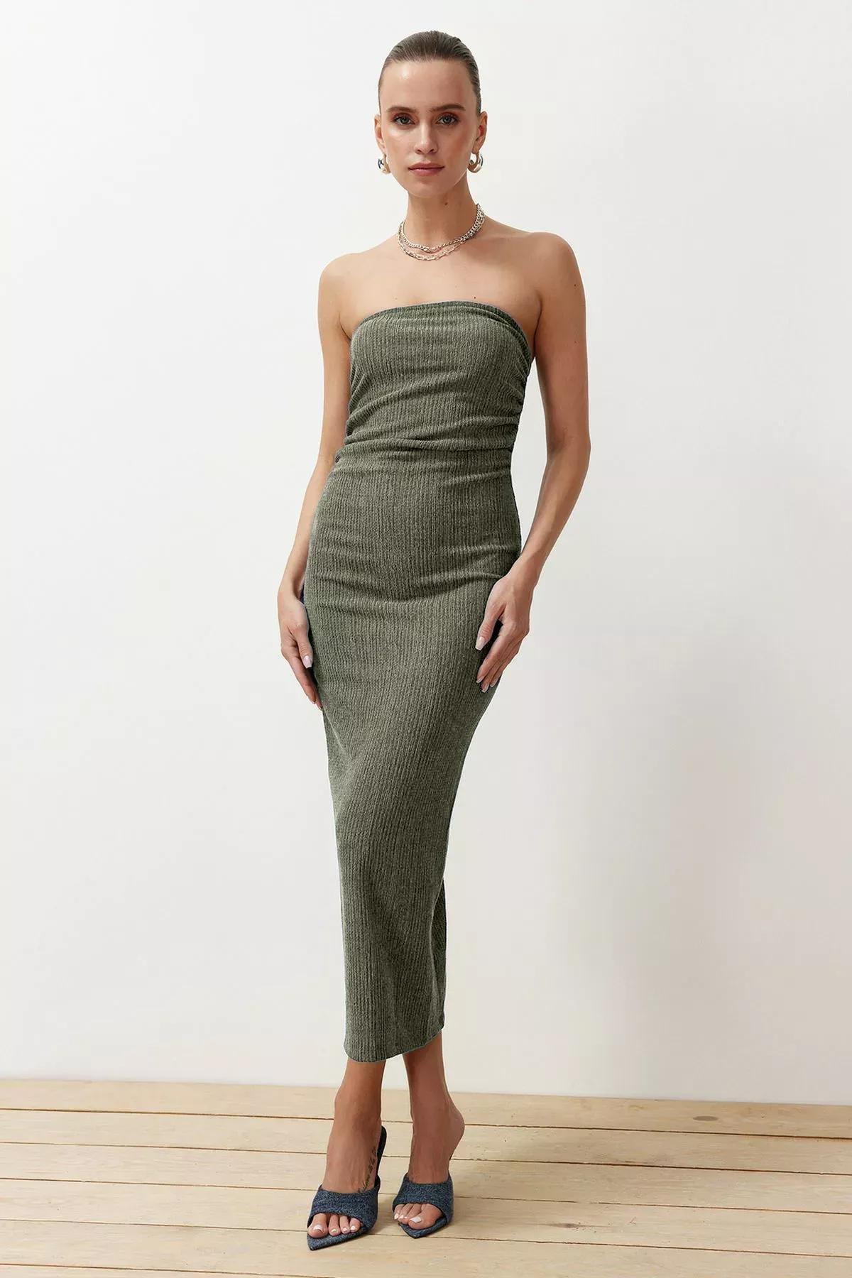 Khaki Strapless Bodycon Midi Pencil Dress, , large image number 2