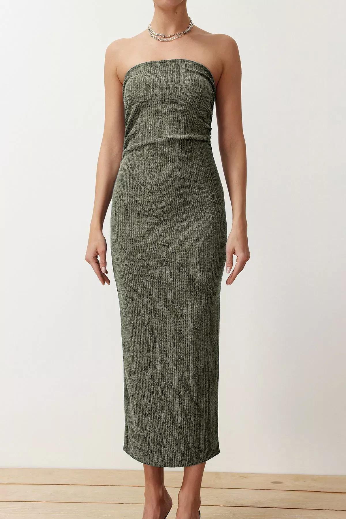 Khaki Strapless Bodycon Midi Pencil Dress, , large image number 4