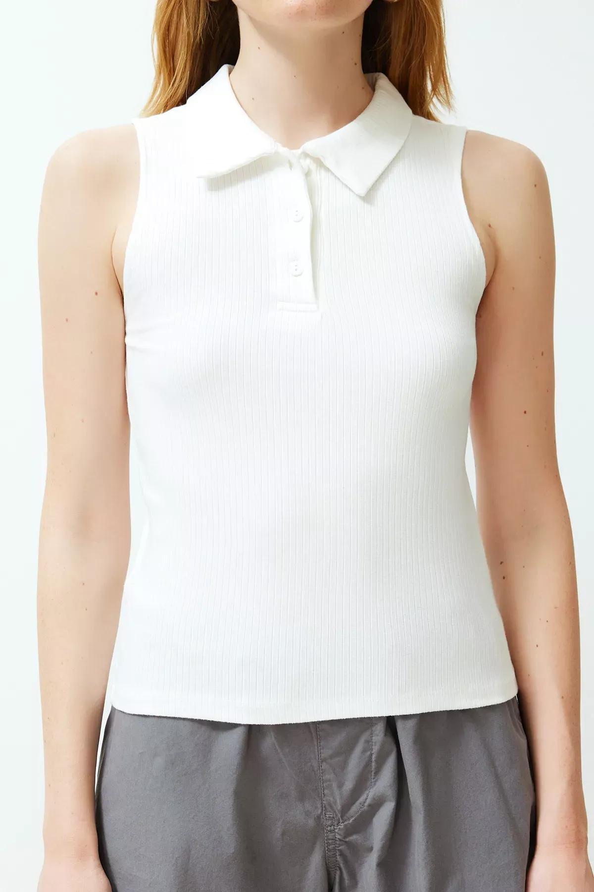 Beige Buttoned Polo Neck Blouse, Ecru, large image number 4