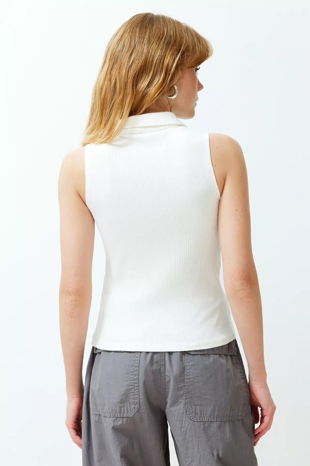 Beige Buttoned Polo Neck Blouse, Ecru, large image number 5