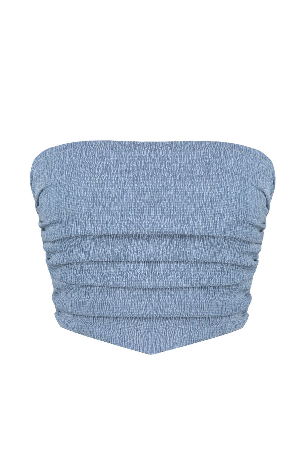 Blue Strapless Draped Knit Blouse, , large image number 0