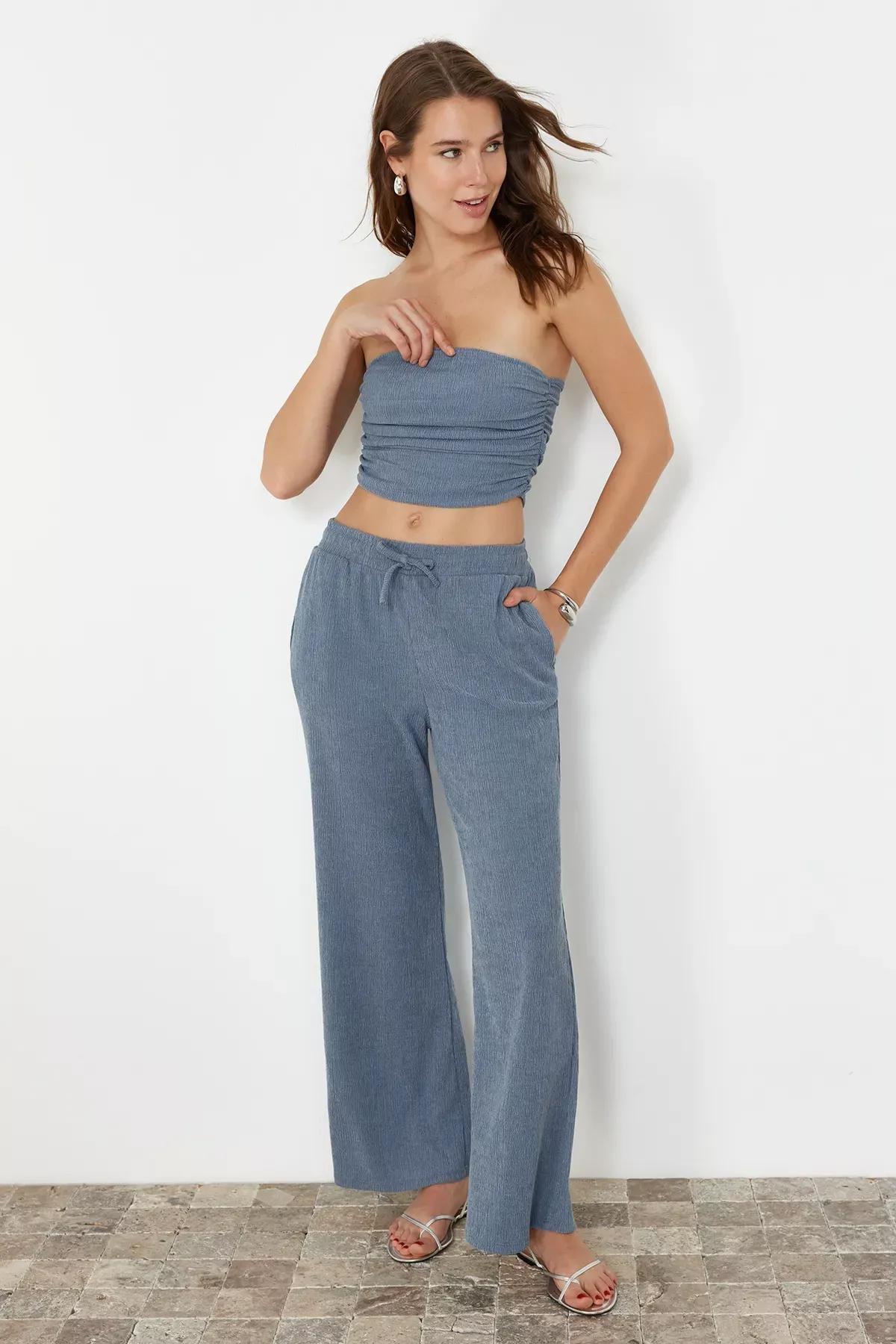 Blue Strapless Draped Knit Blouse, Indigo, large image number 0