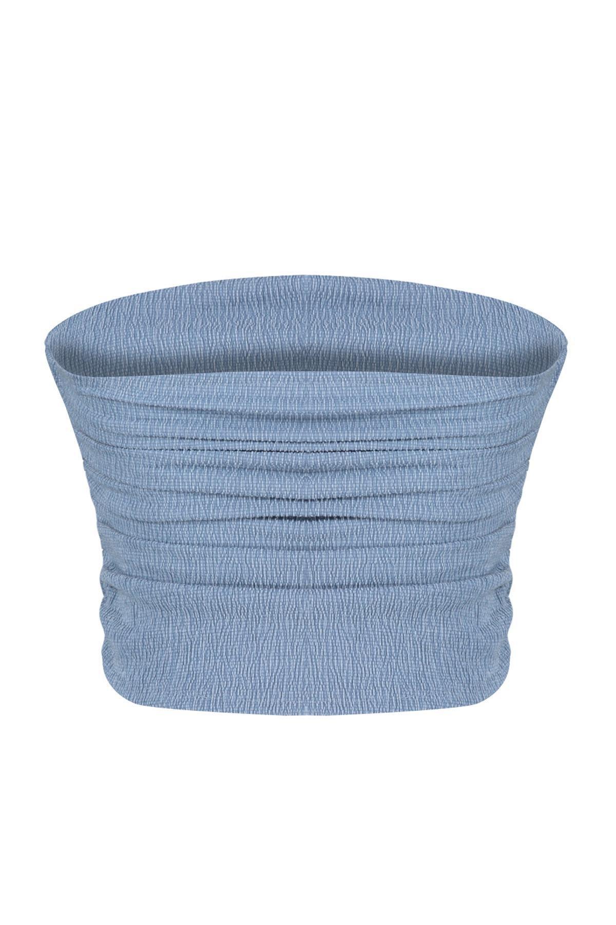 Blue Strapless Draped Knit Blouse, , large image number 1