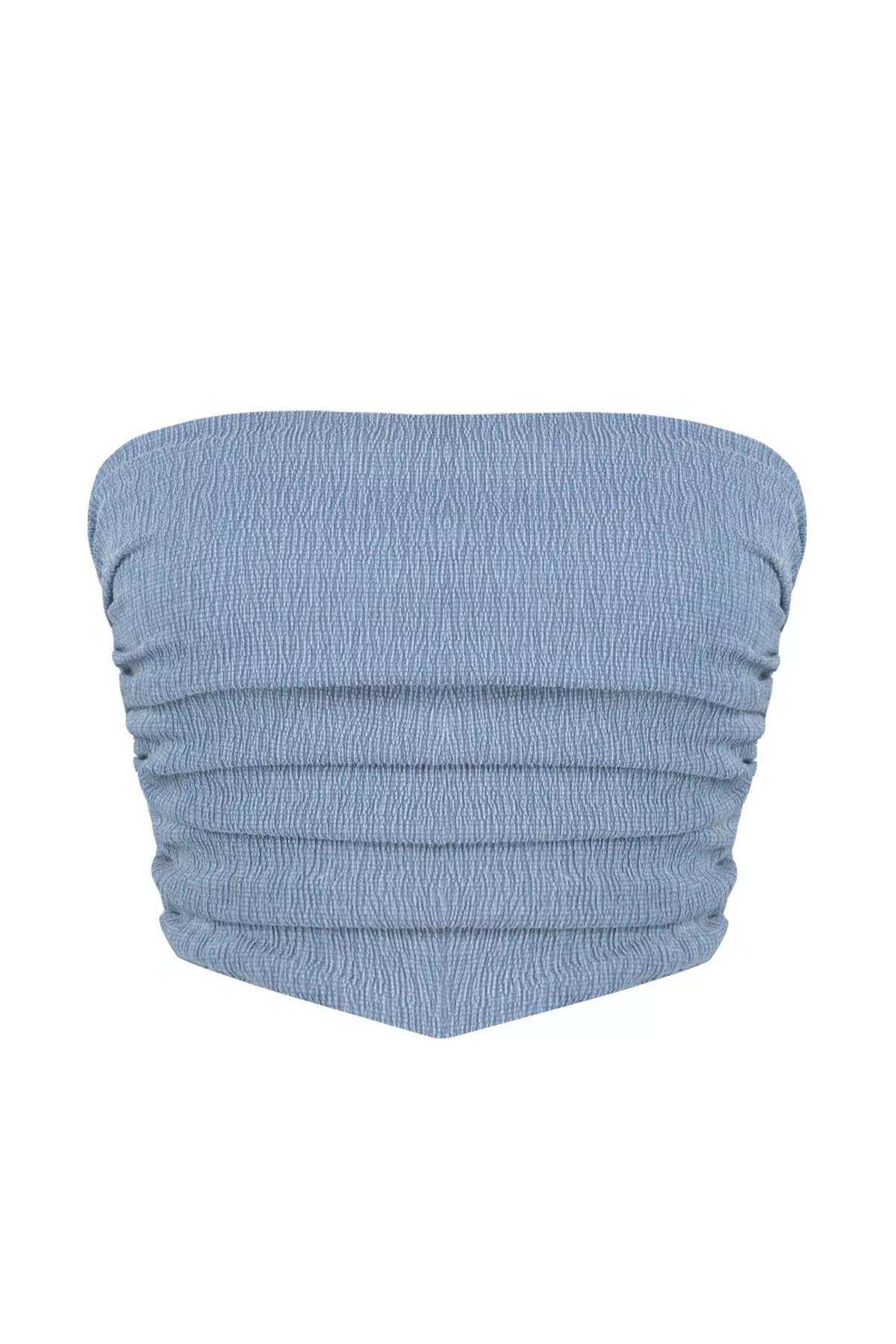 Blue Strapless Draped Knit Blouse, Indigo, large image number 1