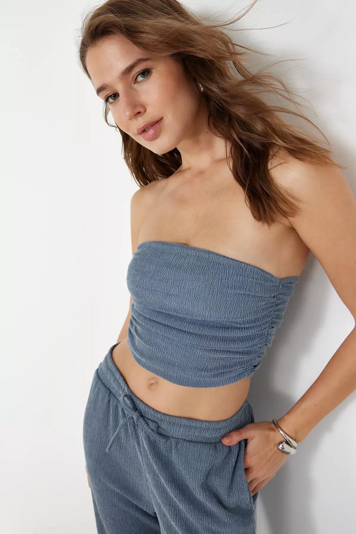 Blue Strapless Draped Knit Blouse, Indigo, large image number 2