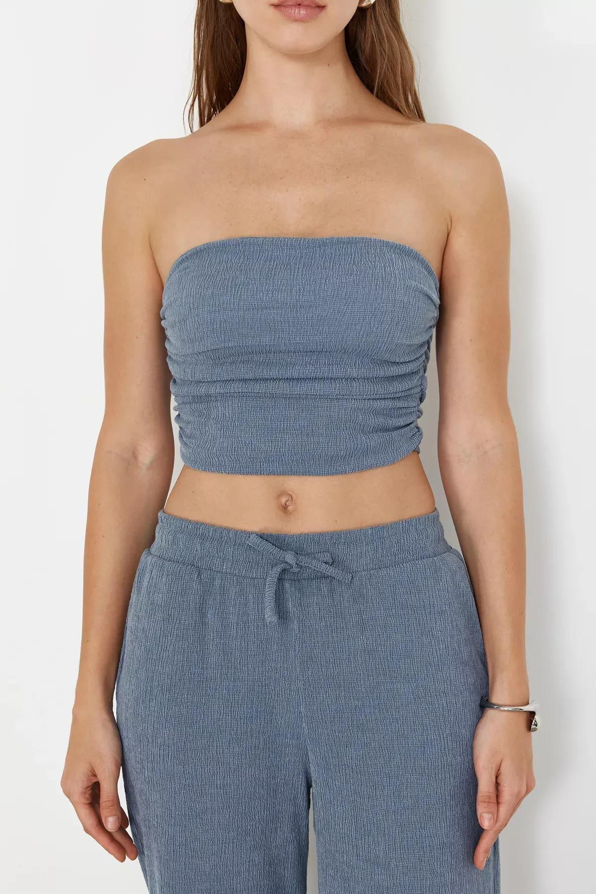 Blue Strapless Draped Knit Blouse, Indigo, large image number 4