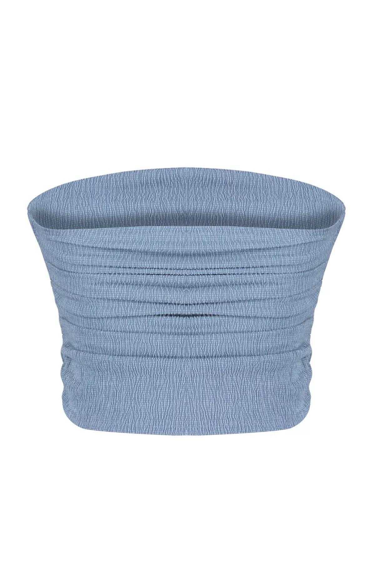 Blue Strapless Draped Knit Blouse, Indigo, large image number 7