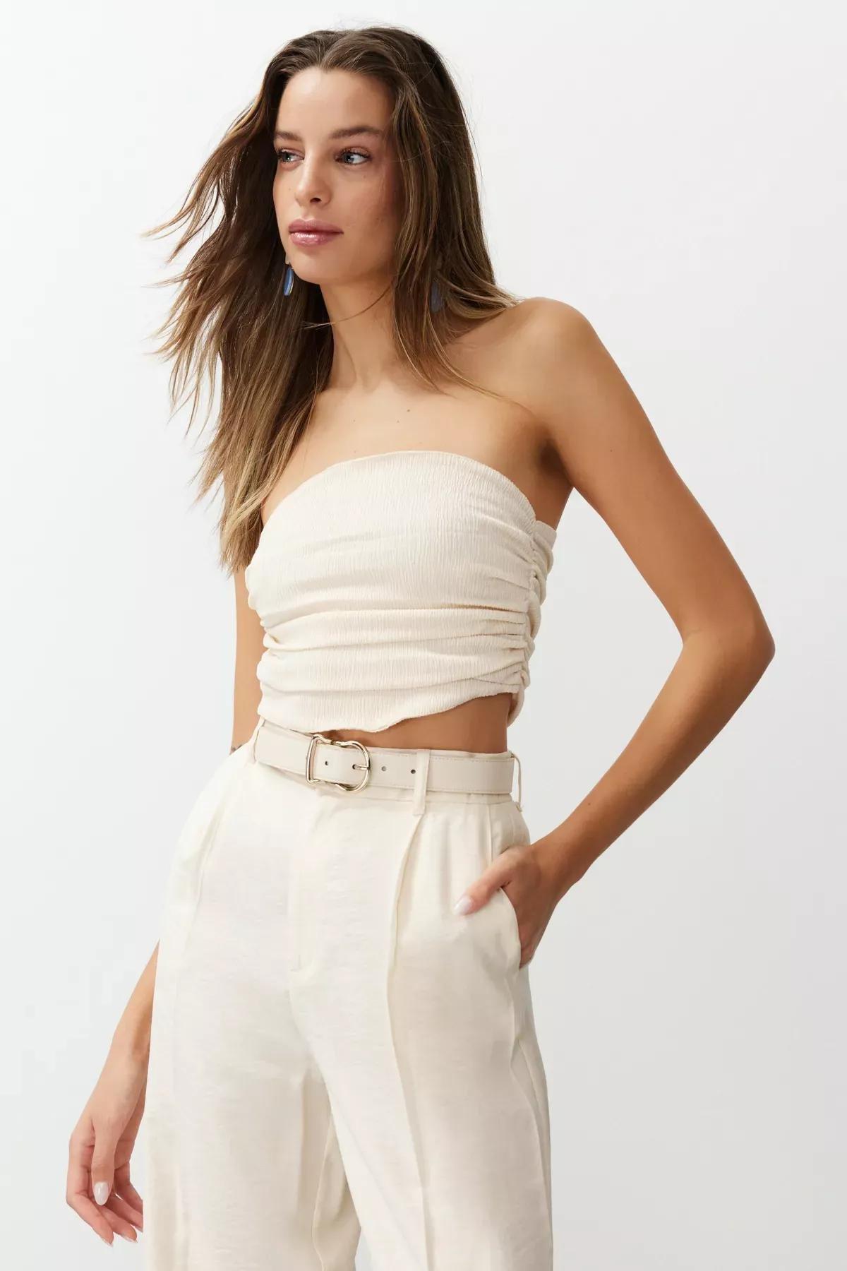 Beige Strapless Gathered Stretch Knitted Blouse, STONE, large image number 1