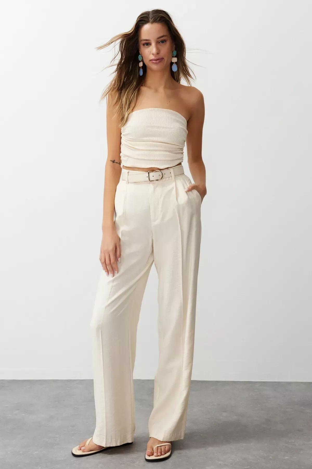 Beige Strapless Gathered Stretch Knitted Blouse, STONE, large image number 2