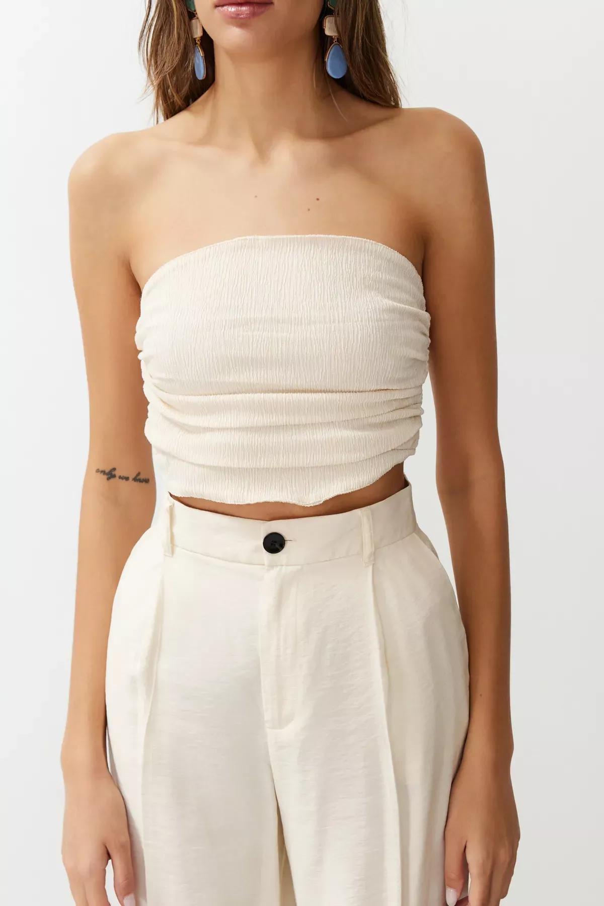 Beige Strapless Gathered Stretch Knitted Blouse, STONE, large image number 3