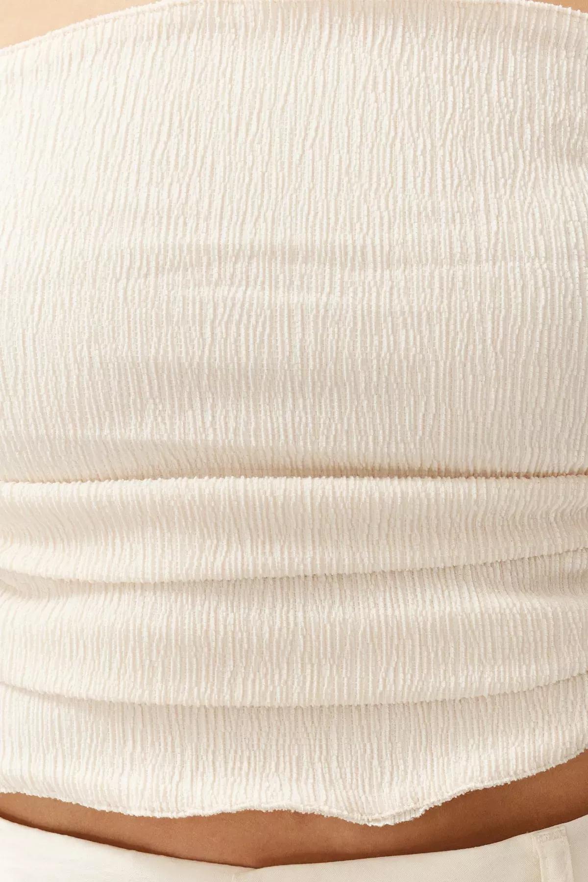 Beige Strapless Gathered Stretch Knitted Blouse, STONE, large image number 4