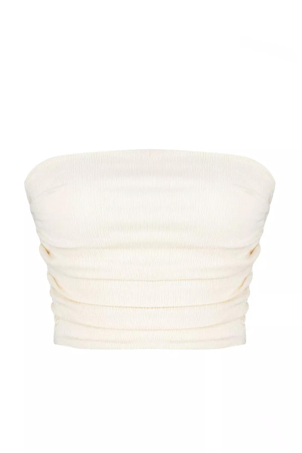 Beige Strapless Gathered Stretch Knitted Blouse, STONE, large image number 5