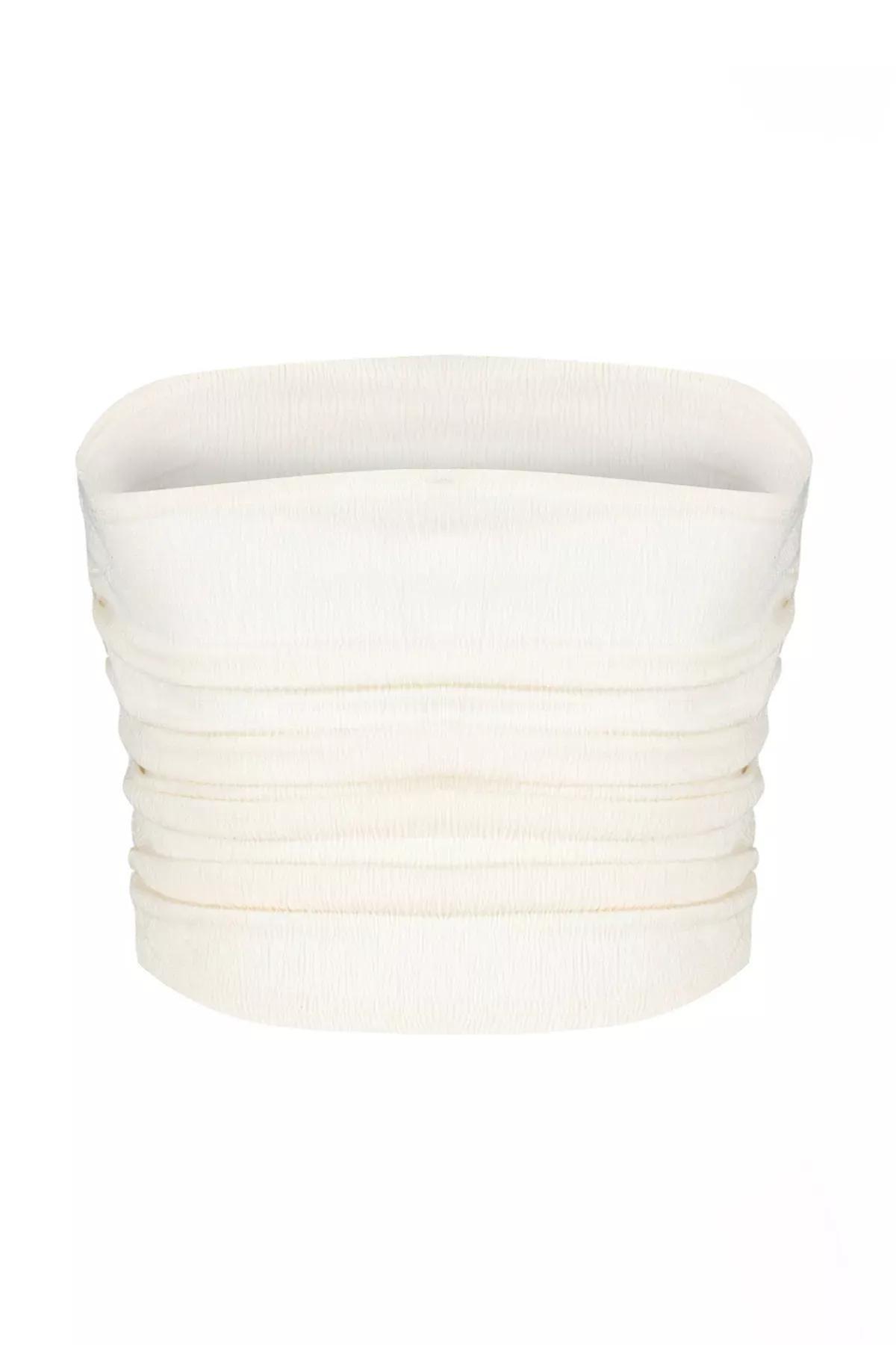 Beige Strapless Gathered Stretch Knitted Blouse, STONE, large image number 6